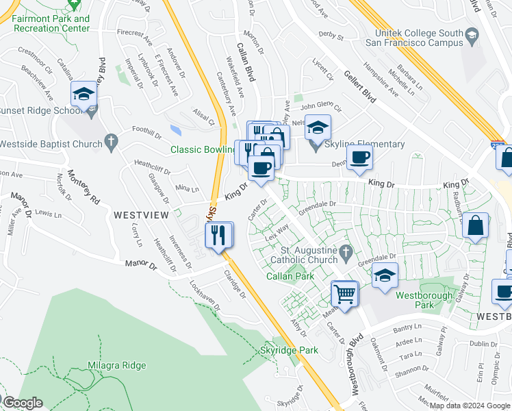 map of restaurants, bars, coffee shops, grocery stores, and more near in South San Francisco