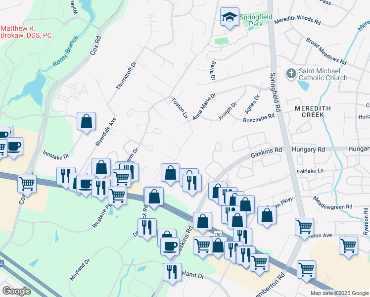 map of restaurants, bars, coffee shops, grocery stores, and more near 10616 Toston Lane in Glen Allen