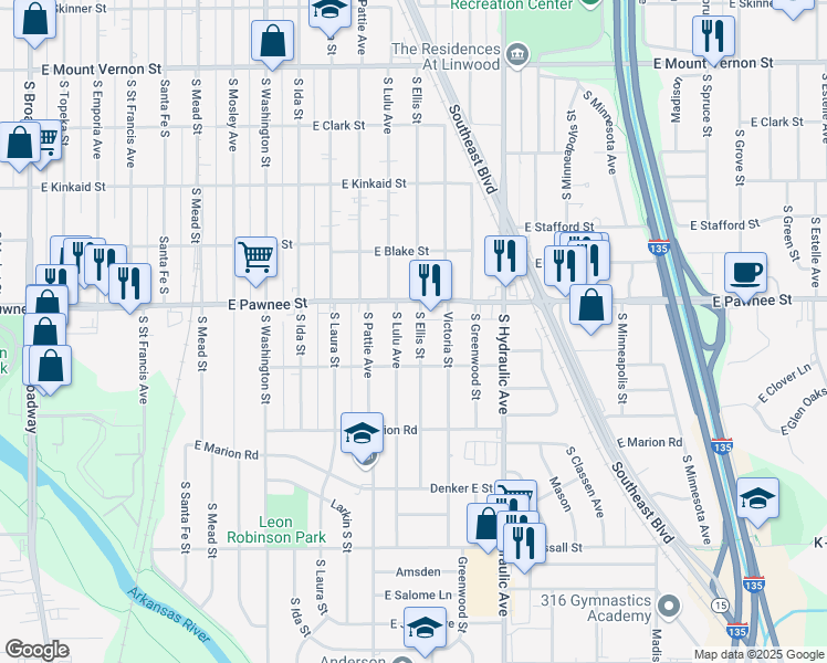 map of restaurants, bars, coffee shops, grocery stores, and more near 2425 South Ellis Avenue in Wichita