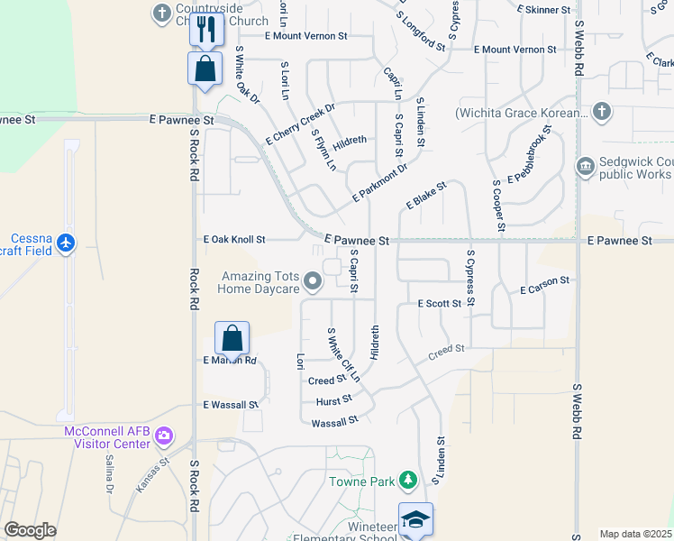map of restaurants, bars, coffee shops, grocery stores, and more near 2405 South Capri Street in Wichita