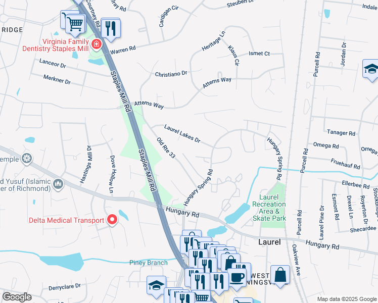 map of restaurants, bars, coffee shops, grocery stores, and more near 9600 Hungary Spring Road in Henrico