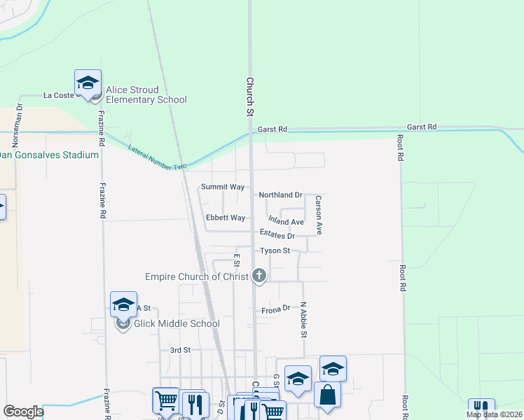 map of restaurants, bars, coffee shops, grocery stores, and more near 5008 Inland Avenue in Modesto