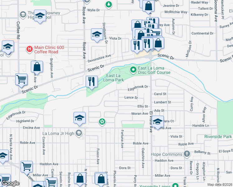 map of restaurants, bars, coffee shops, grocery stores, and more near 2020 Lance Street in Modesto