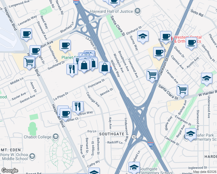 map of restaurants, bars, coffee shops, grocery stores, and more near 801 Resota Street in Hayward