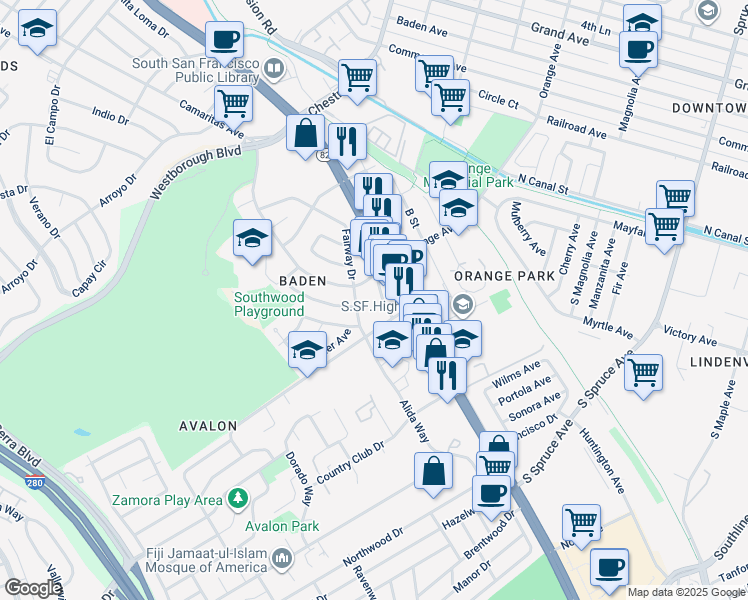 map of restaurants, bars, coffee shops, grocery stores, and more near 35 Fairway Drive in South San Francisco
