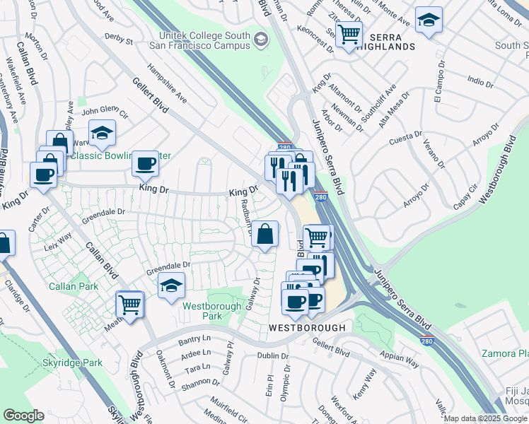map of restaurants, bars, coffee shops, grocery stores, and more near 2440 Westchester Court in South San Francisco