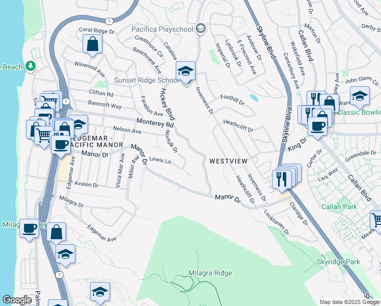 map of restaurants, bars, coffee shops, grocery stores, and more near 457 Norfolk Drive in Pacifica