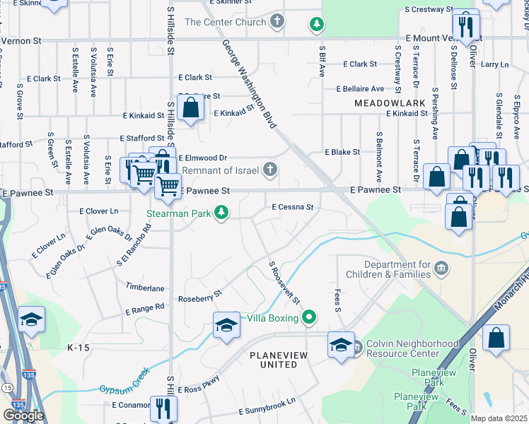map of restaurants, bars, coffee shops, grocery stores, and more near 2520 S Roosevelt St in Wichita