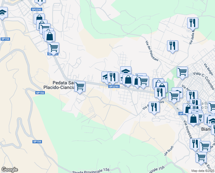 map of restaurants, bars, coffee shops, grocery stores, and more near 147 Via dei Fiori in Biancavilla