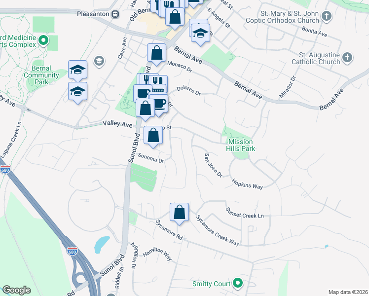 map of restaurants, bars, coffee shops, grocery stores, and more near 5550 San Juan Way in Pleasanton
