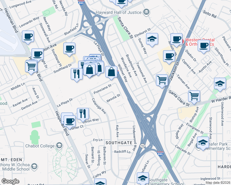 map of restaurants, bars, coffee shops, grocery stores, and more near 801 Resota Street in Hayward