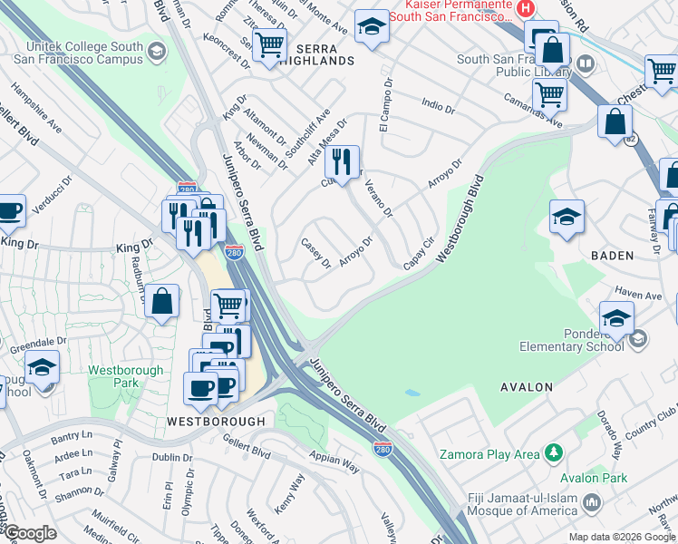 map of restaurants, bars, coffee shops, grocery stores, and more near 347 Arroyo Drive in South San Francisco