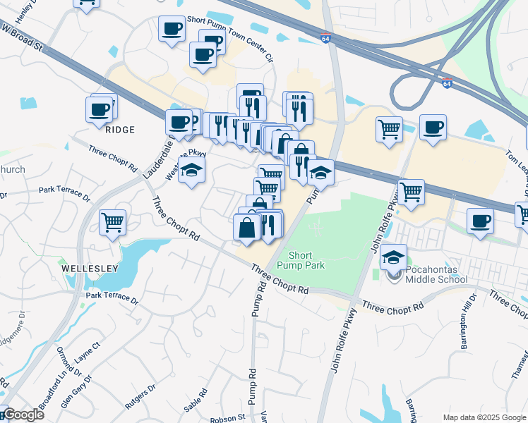 map of restaurants, bars, coffee shops, grocery stores, and more near 3432 Pump Road in Henrico