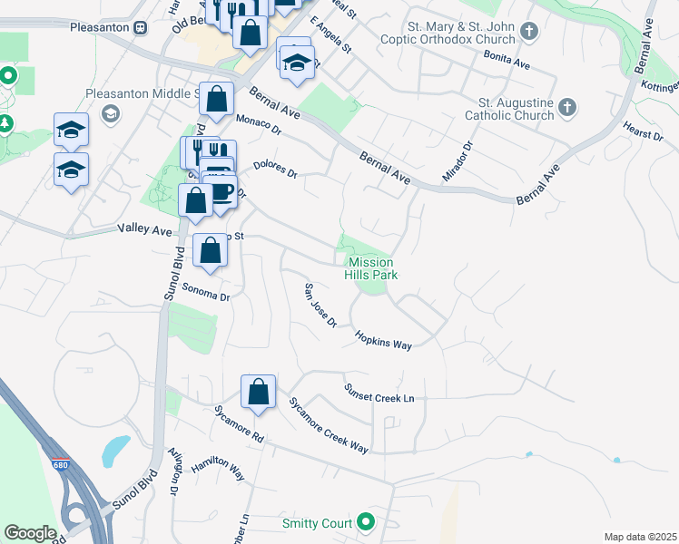 map of restaurants, bars, coffee shops, grocery stores, and more near 589 Junipero Street in Pleasanton