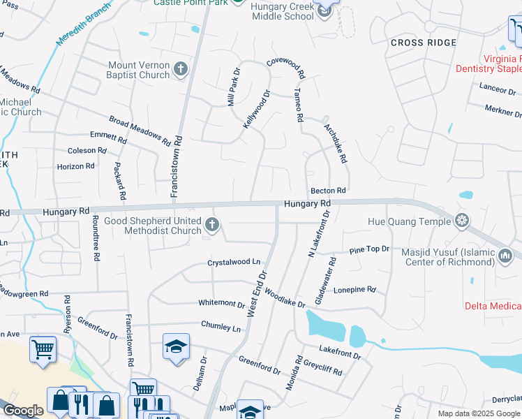 map of restaurants, bars, coffee shops, grocery stores, and more near 9105 Hungary Road in Richmond
