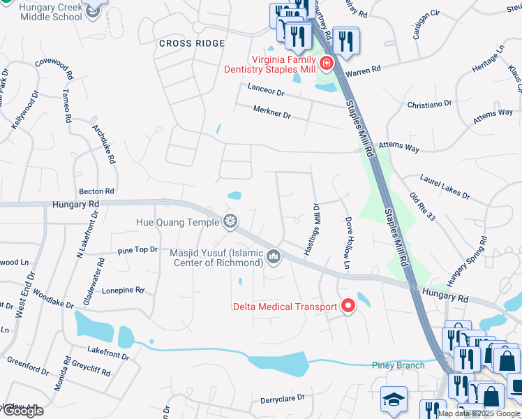 map of restaurants, bars, coffee shops, grocery stores, and more near 9619 Hill Trace Court in Glen Allen
