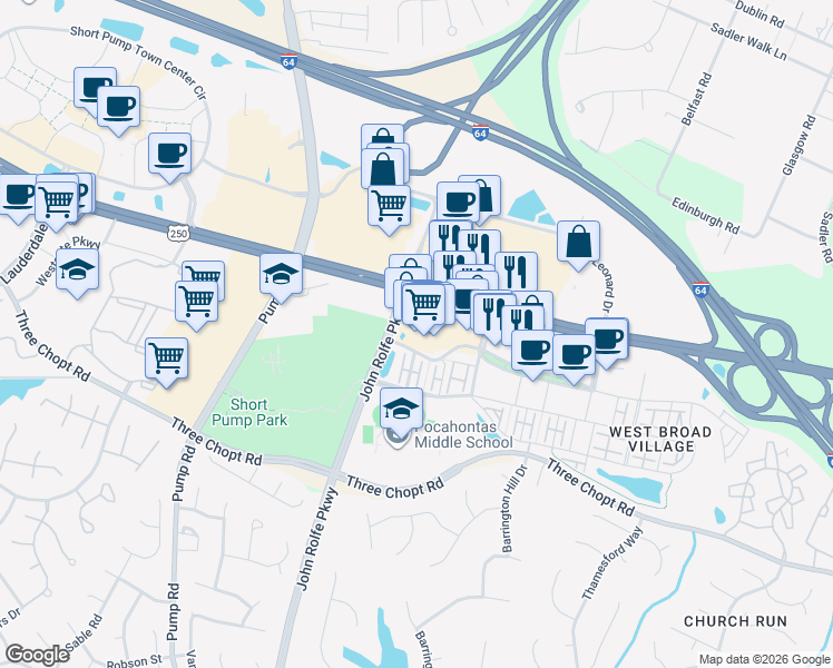 map of restaurants, bars, coffee shops, grocery stores, and more near 11331 West Broad Street in Glen Allen