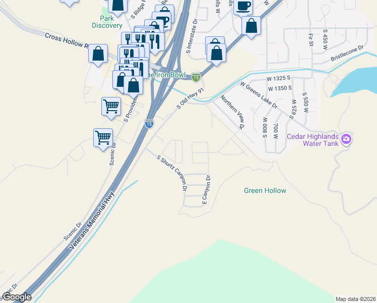 map of restaurants, bars, coffee shops, grocery stores, and more near 1590 West Canyon Drive in Cedar City