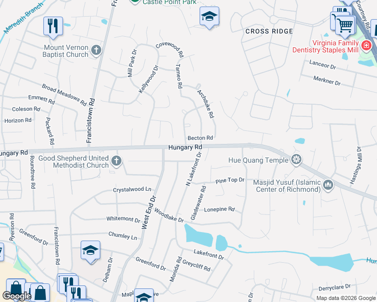 map of restaurants, bars, coffee shops, grocery stores, and more near 4500 North Lakefront Drive in Richmond