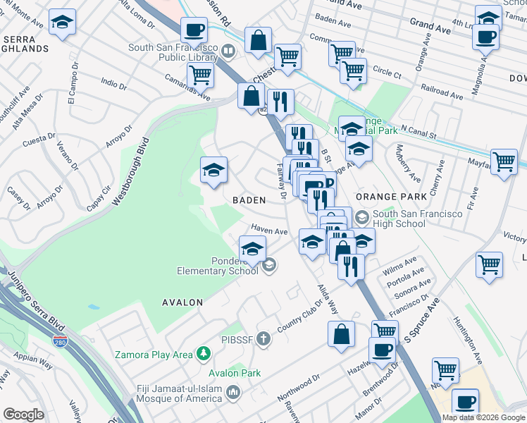 map of restaurants, bars, coffee shops, grocery stores, and more near 716 Hill Avenue in South San Francisco