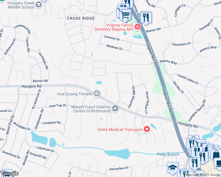 map of restaurants, bars, coffee shops, grocery stores, and more near 9619 Hill Trace Court in Glen Allen
