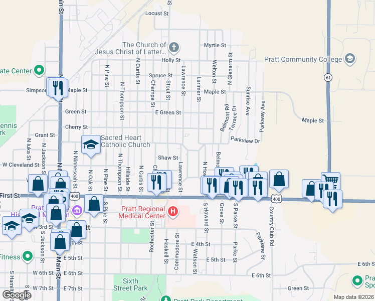 map of restaurants, bars, coffee shops, grocery stores, and more near 234 Cambridge Dr in Pratt