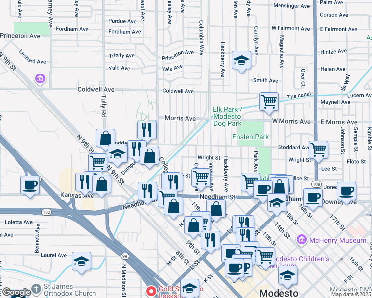 map of restaurants, bars, coffee shops, grocery stores, and more near 230 Olive Avenue in Modesto