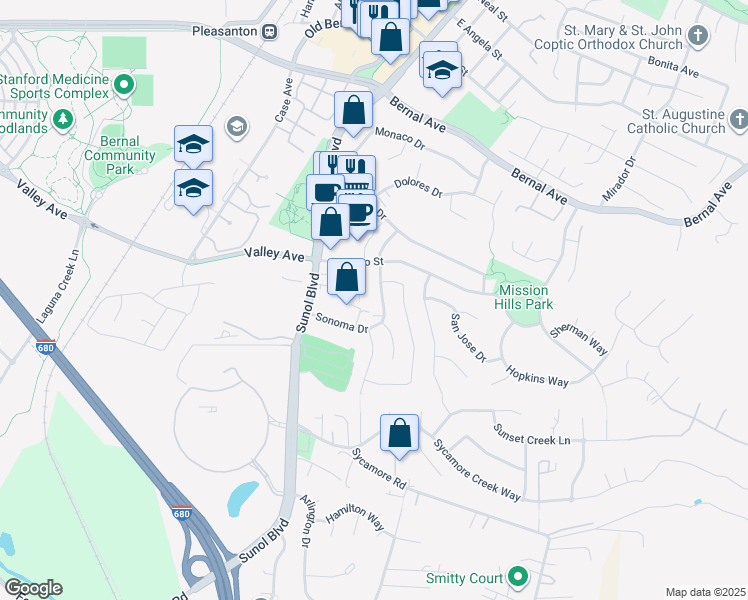 map of restaurants, bars, coffee shops, grocery stores, and more near 5595 Sonoma Drive in Pleasanton