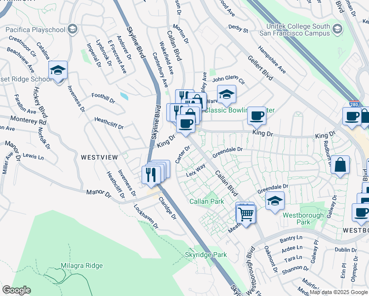 map of restaurants, bars, coffee shops, grocery stores, and more near 3852 Carter Drive in South San Francisco