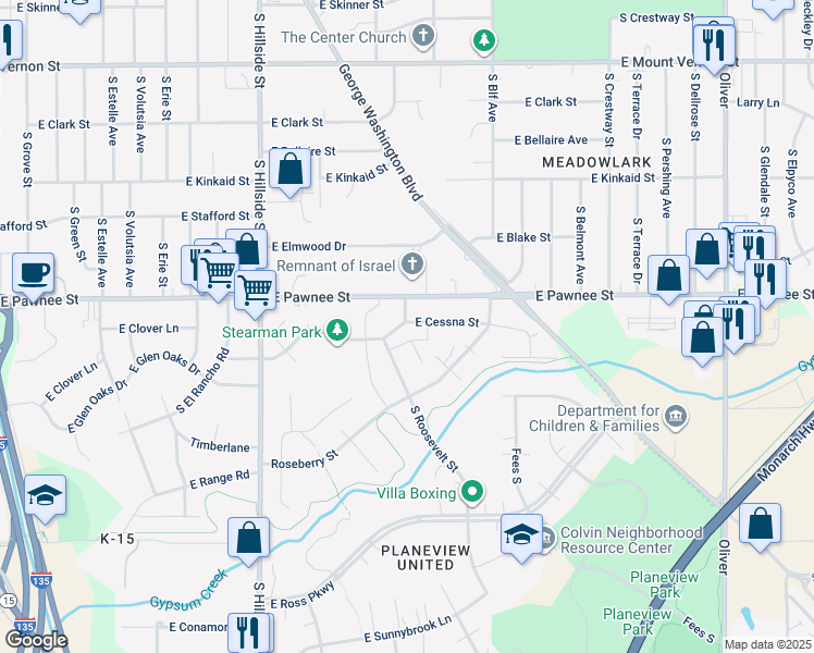 map of restaurants, bars, coffee shops, grocery stores, and more near 2520 S Roosevelt St in Wichita