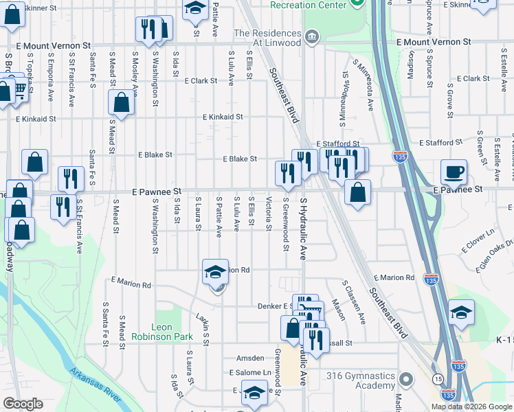 map of restaurants, bars, coffee shops, grocery stores, and more near 2444 Ellis South in Wichita