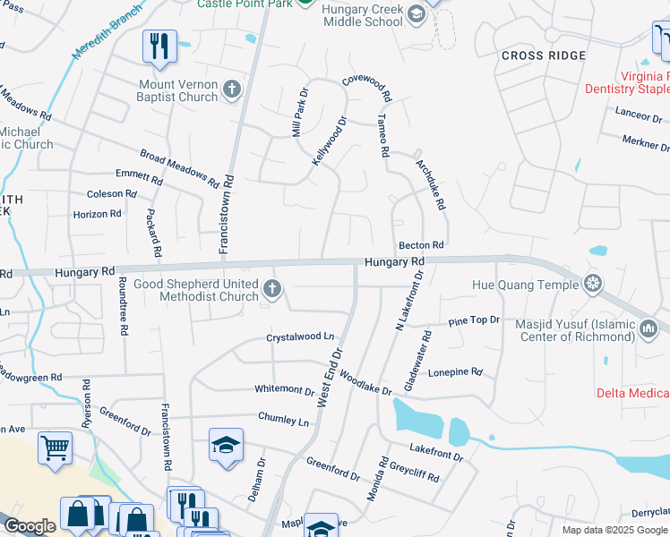 map of restaurants, bars, coffee shops, grocery stores, and more near 9105 Hungary Road in Richmond