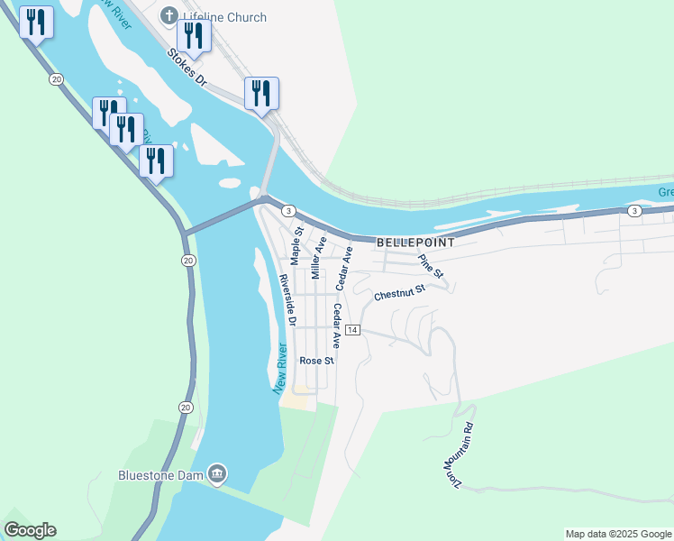 map of restaurants, bars, coffee shops, grocery stores, and more near 214-298 Zion Mtn Road in Hinton