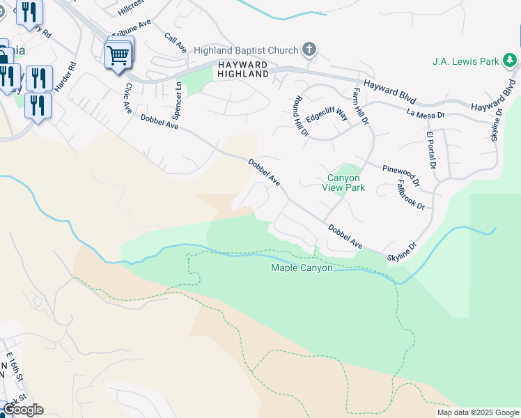 map of restaurants, bars, coffee shops, grocery stores, and more near 2703 Markham Court in Hayward