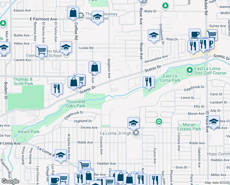 map of restaurants, bars, coffee shops, grocery stores, and more near 1500 Scenic Drive in Modesto