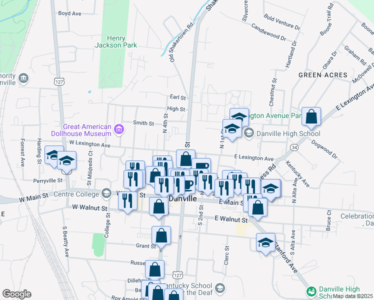 map of restaurants, bars, coffee shops, grocery stores, and more near 305 North 3rd Street in Danville