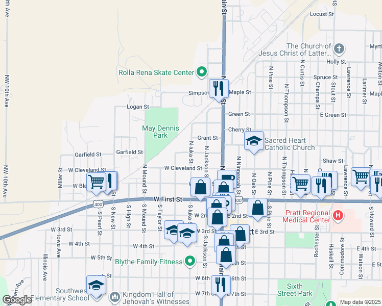 map of restaurants, bars, coffee shops, grocery stores, and more near 398 N Iuka St in Pratt