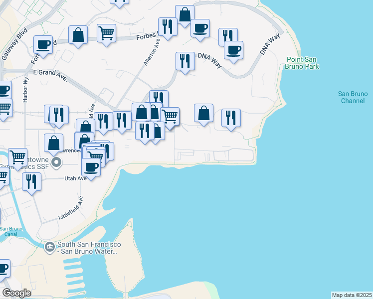 map of restaurants, bars, coffee shops, grocery stores, and more near 451 East Jamie Court in South San Francisco