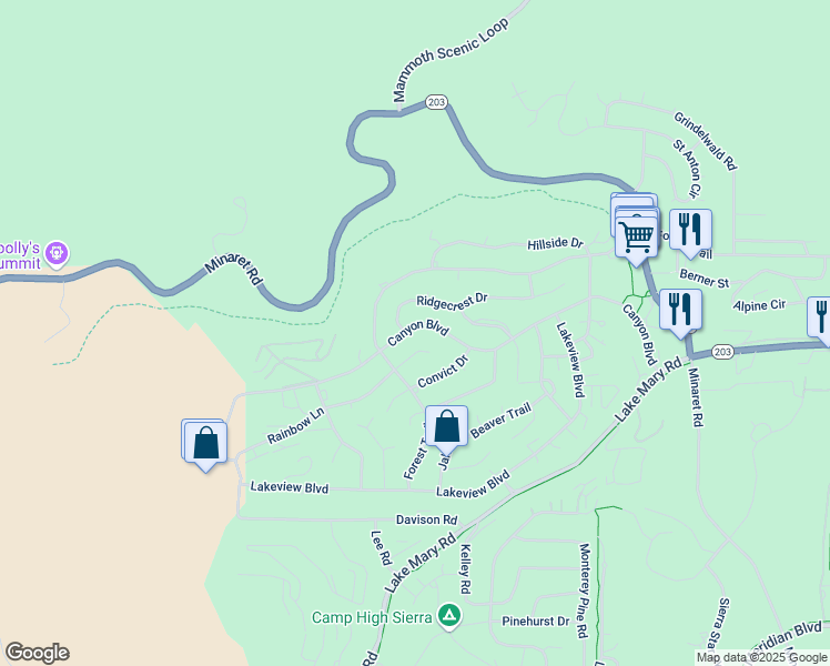 map of restaurants, bars, coffee shops, grocery stores, and more near 19 Rainbow Lane in Mammoth Lakes