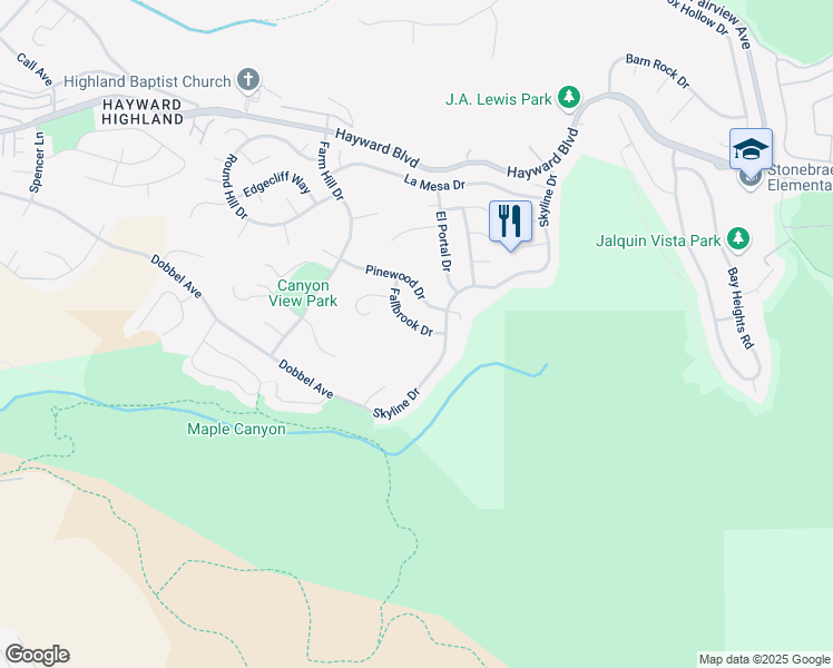map of restaurants, bars, coffee shops, grocery stores, and more near 28041 Fallbrook Drive in Hayward