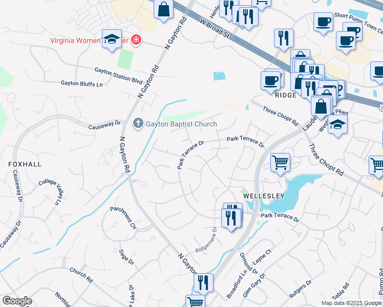 map of restaurants, bars, coffee shops, grocery stores, and more near 13319 Herringbone Place in Richmond