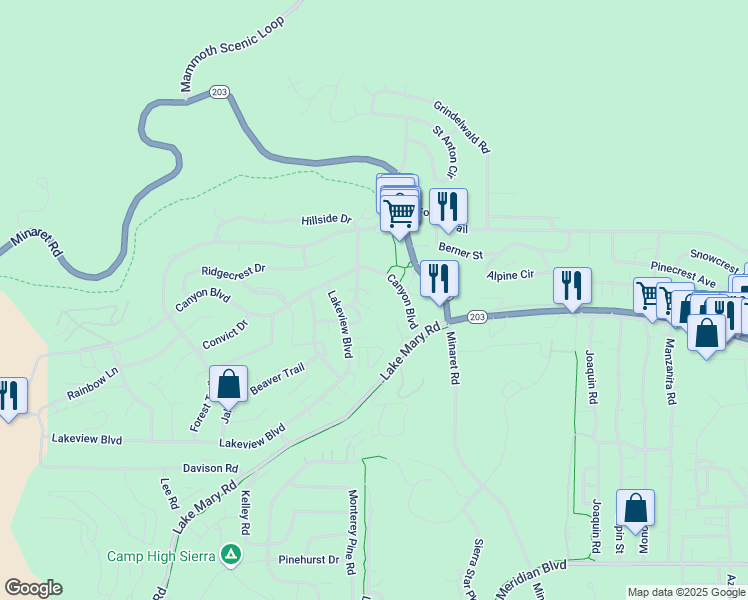 map of restaurants, bars, coffee shops, grocery stores, and more near 5 Canyon Boulevard in Mammoth Lakes
