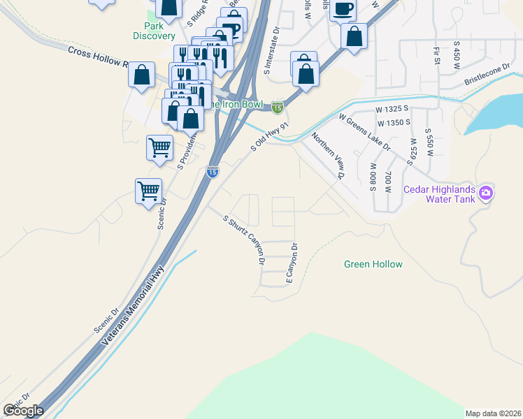 map of restaurants, bars, coffee shops, grocery stores, and more near 1577 South Topaz Drive in Cedar City