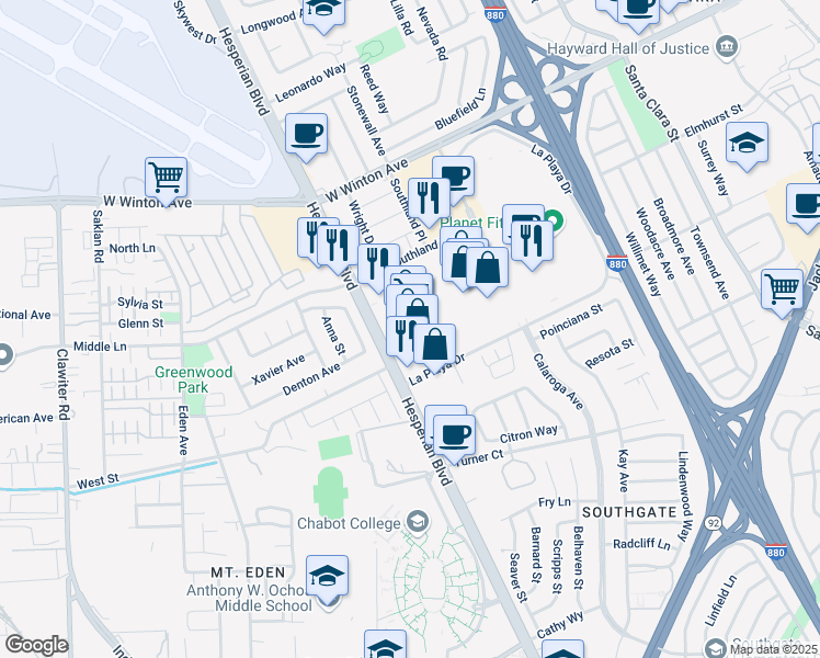 map of restaurants, bars, coffee shops, grocery stores, and more near 1261 La Playa Drive in Hayward
