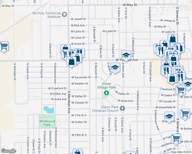 map of restaurants, bars, coffee shops, grocery stores, and more near 2499 Bennett St in Wichita