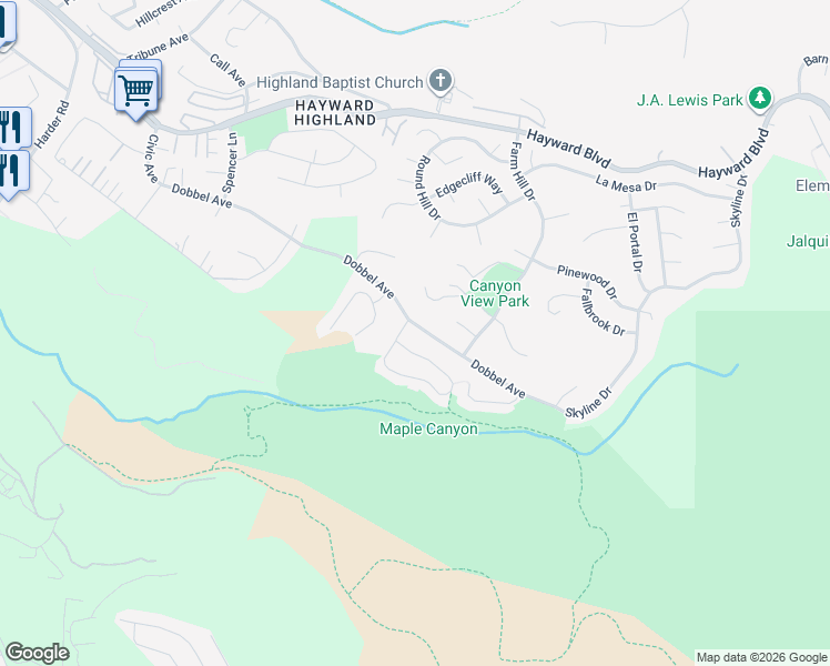 map of restaurants, bars, coffee shops, grocery stores, and more near 28047 Dobbel Avenue in Hayward