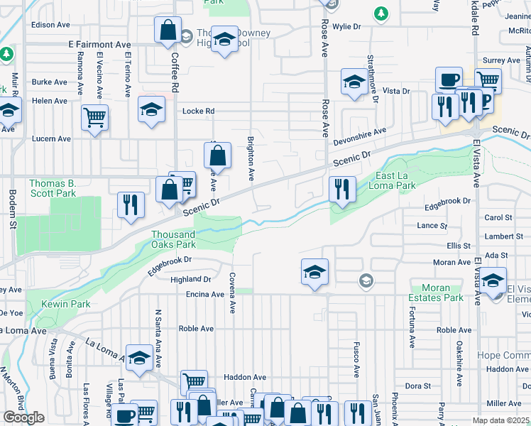 map of restaurants, bars, coffee shops, grocery stores, and more near 1500 Scenic Drive in Modesto
