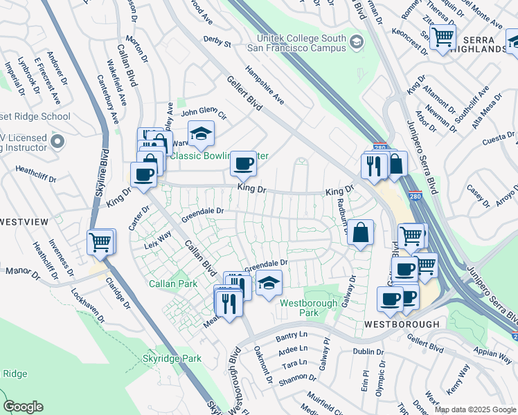 map of restaurants, bars, coffee shops, grocery stores, and more near 3918 Crofton Way in South San Francisco