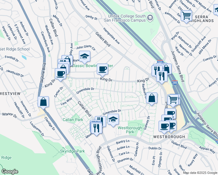 map of restaurants, bars, coffee shops, grocery stores, and more near 3918 Crofton Way in South San Francisco