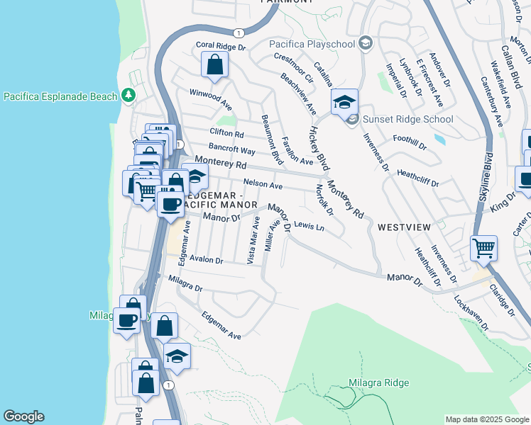 map of restaurants, bars, coffee shops, grocery stores, and more near 516 Vista Mar Avenue in Pacifica